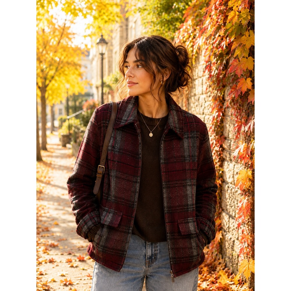 Vintage Fashion Bug Plaid Jacket Women XL Burgundy Wool Blend Barn‎ Jacket Coat